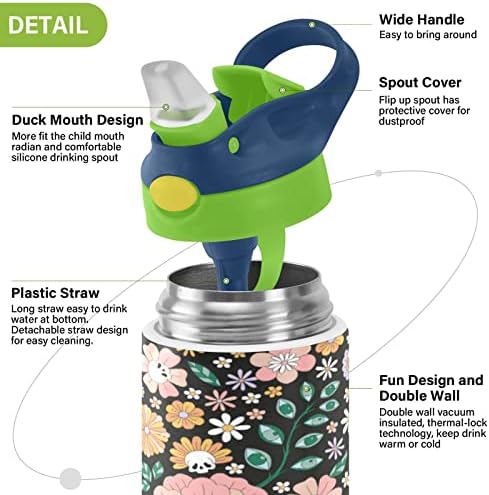 Kigai Göz Küresi Çiçekler Çocuklar Su Şişesi ile Saman Kapak, BPA Ücretsiz, 12 oz Paslanmaz Çelik Vakum Yalıtımlı
