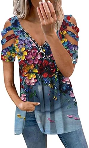Bayan Grafik Baskı Çiçek Üst Kısa Kollu Kapalı Omuz 2023 V Boyun Pamuk Zip Up Bluz Tshirt Bayanlar için OM
