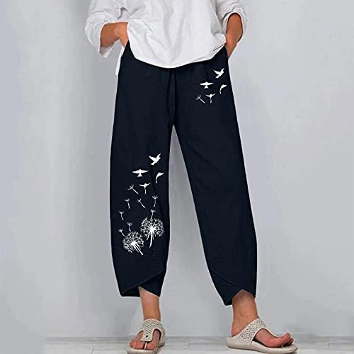 Rahat kapri pantolonlar Kadınlar için Artı Boyutu Pamuk Keten Sweatpants Vintage Baskı Gevşek Fit Egzersiz dinlenme