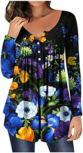 Henley Gömlek Kadın Uzun Kollu Çiçek Rahat Seksi Moda T-Shirt Baskılı Uzun Kollu Dantelli Kazak Bluz Tops