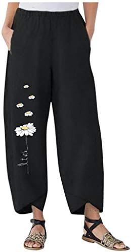 Meymia Bayan Pamuk Keten Pantolon Yüksek Elastik Bel Çiçek Baskı Hafif Gevşek Fit Geniş Bacak Kırpılmış Pantolon