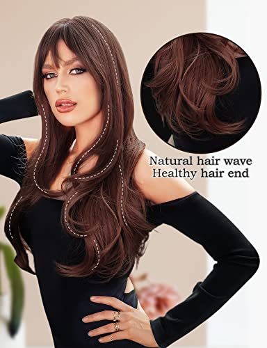Kadınlar için patlama ile Karcusiny kahverengi uzun kıvırcık peruk Patlama ile doğal kıvırcık dalgalı peruk Sentetik