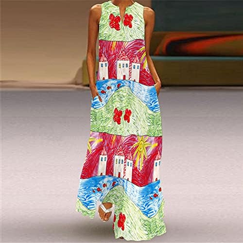 Uscharm Mütevazı Maxi Elbiseler Kadınlar ıçin Rahat Yaz Kolsuz Çentikli V Boyun Güneş Elbise Kat Uzunluk Bir Çizgi