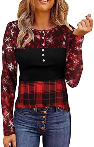 Kadın Noel Ekose Baskılı Moda Yuvarlak Boyun Düğmesi Uzun Kollu T Gömlek Tops Kadın T Gömlek