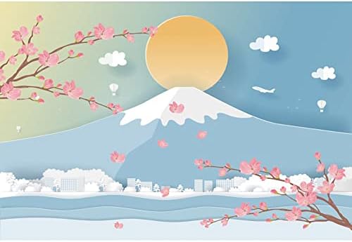 DORCEV 12x8ft Karikatür Japon Fuji Dağ Zemin Pembe Kiraz Çiçekleri Sarı Güneş Fotoğraf Arka Plan Japonya Tema Parti
