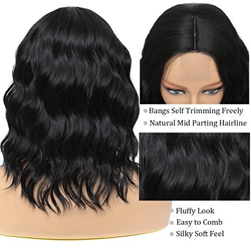 Kadınlar için kısa Bob Dalgalı Peruk Doğal Siyah Peruk Orta Ayrılık Dantel ön peruk Omuz Uzunluğu Gevşek Dalga Saç