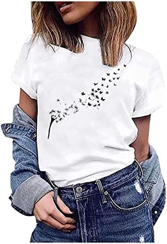 Bayan Kısa Kollu Tekne Boyun Kuş Karahindiba Çiçek Grafik Üst Tshirt Mutlu Hediye Brunch Gömlek Bayanlar için PU
