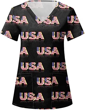4th Temmuz T-Shirt Kadınlar için Abd Bayrağı Yaz Kısa Kollu V Boyun Gömlek 2 Cepler Bluz Üst Tatil Rahat İş Giysisi