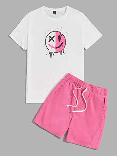 FİOXA İki Parçalı Kıyafetler Erkekler için Erkekler Karikatür Grafik Tee ve İpli Bel şort takımı (Renk: Çok Renkli,