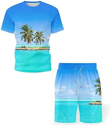 WSSBK Yaz Ada Tatil Eğlence Takım Elbise erkek Kısa Kollu plaj pantolonları Takım Elbise Moda T-Shirt erkek (Renk: