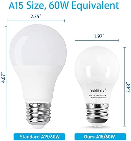 YukıHalu A15 LED Ampuller, 60W Eşdeğeri, E26 Taban, 5000K Gün ışığı beyazı, 7W 600 Lümen 120V, UL Listeli, Tavan Vantilatörü
