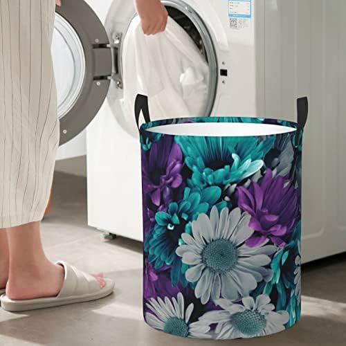 Mor Ve Turkuaz Çiçekler Baskı Büyük çamaşır kollu sepet Katlanabilir Su Geçirmez çamaşır sepeti Yatak Odası, Banyo