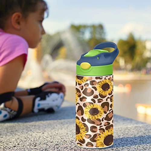 Kigai Ayçiçeği Leopar Çocuklar Su Şişesi ile Saman Kapak, BPA Ücretsiz, 12 oz Paslanmaz Çelik Vakum Yalıtımlı Sızdırmaz
