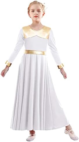 ELLYDOOR Kızlar Metalik Altın Parise Dans Elbise Uzun Kollu Tam Salıncak Etek İbadet Liturjik Kostüm Kilise Elbise