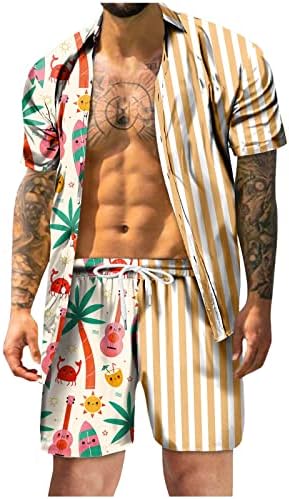 Bmısegm Erkek Takım Elbise Düzenli Fit Erkek Yaz Moda Eğlence Hawaii Sahil Tatil Plaj Dijital 3D Baskı Kısa Kollu
