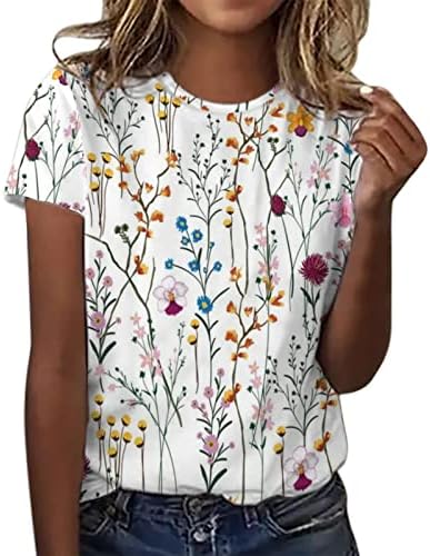 Yaz Bayan Kısa Kollu Ekip Boyun Çiçek Baskılı Üst T Shirt Casual Gömlek Tee Bayan Üstleri Kısa Kadın Rahat Tee A-Beyaz