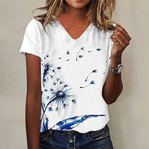 Yaz Bayan Kısa Kollu V Boyun Çiçek Baskılı Üst T Shirt Casual Gömlek Tee Tunik Bayan Üstleri Kısa Kadın Rahat Tee
