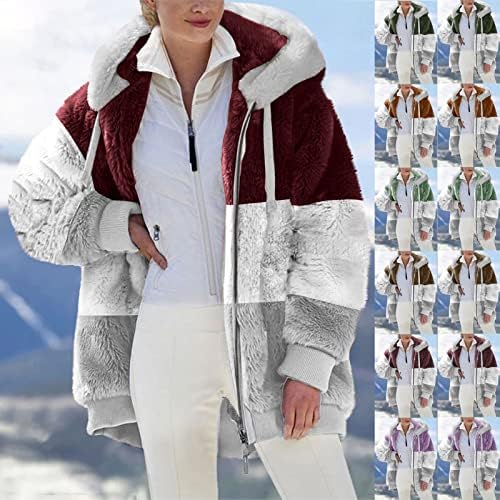 Artı Boyutu Kış Ceket Bayan Faux Polar Astarlı Kapşonlu Ceketler Moda Colorblock Şerit Fermuar Hırka Sıcak Palto
