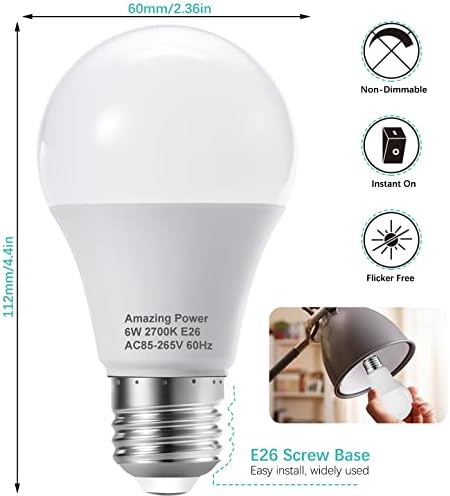 İnanılmaz güç E26 LED Ampul, 40W Eşdeğer Orta Taban Ampul, Kısılabilir, Yumuşak Beyaz 2700K, 6W Parlak Beyaz LED Ampuller
