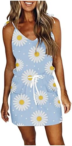 Kadın Yaz Elbiseler 2023 Casual Bohemian Çiçek Spagetti Kayışı V Boyun Kolsuz Cep Mini Plaj Yensiz