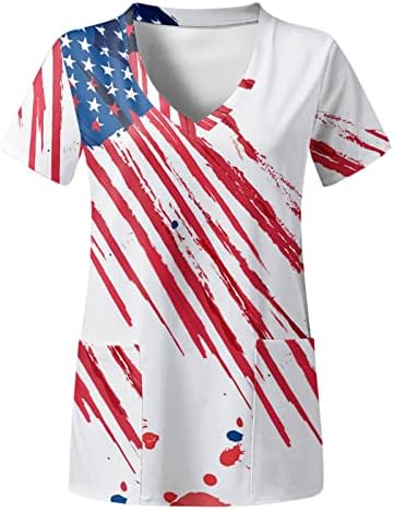 4th Temmuz T Shirt Kadınlar için Amerikan Bayrağı Yaz Kısa Kollu V Boyun Gömlek 2 Cepler Bluzlar Tatil Rahat İş Giysisi