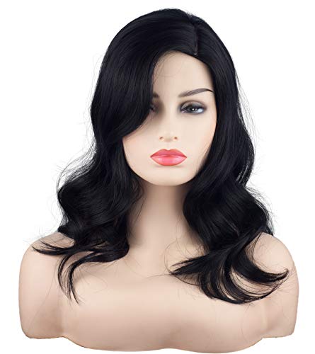 Doğal Siyah 16 İnç omuz uzunluğu dalgalı peruk siyah kadınlar İçin Yan Kısmı Peruk Beyaz kadınlar İçin Orta Uzunlukta