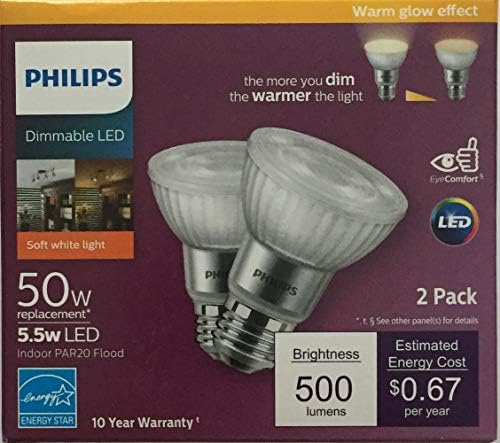 Philips LED kısılabilir PAR20 40 Derece sıcak ışık Efektli iç mekan sel ampulü 500 Lümen, 2200-2700 Kelvin, 5,5 Watt