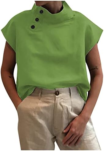 Yaz Keten Gömlek Kadınlar için Zarif Retro Düğme Aşağı Bluzlar Tops Mock Boyun Tunik Üstleri Düz Renk Gevşek Bluz