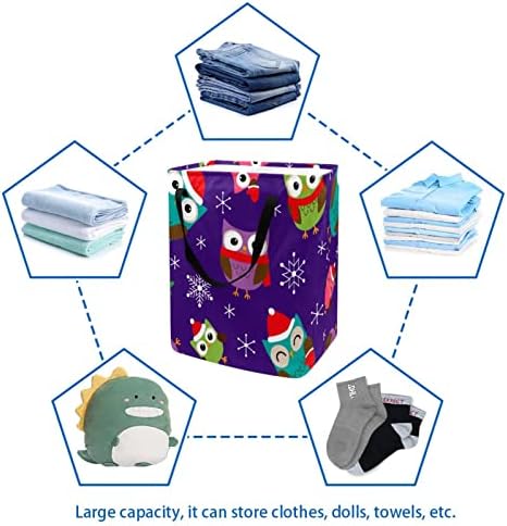 Noel Şapka ile baykuşlar Kar Tanesi Desen Baskı Katlanabilir Çamaşır Sepeti, 60L Su Geçirmez çamaşır sepetleri Çamaşır