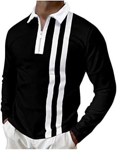 XXBR Yarım Fermuar polo gömlekler Mens için, Uzun Kollu Çizgili Renk Blok Patchwork Tops Turn-aşağı Yaka Rahat Gömlek