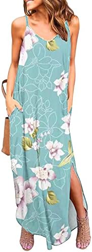 Kadın V Yaka Bölünmüş uzun elbise Spagetti Kayışı Boho Plaj Uzun Maxi Çiçek Baskı Yaz Casual Sundress Cepler ile