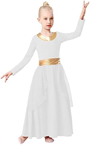 REXREII Çocuk Kız Övgü Dans Elbise Metalik Kemer Uzun Kollu Liturjik Ibadet Elbise Şifon Etek Lirik Kostüm