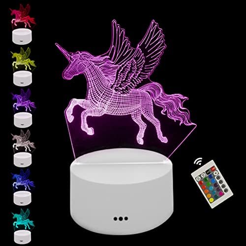 3D Görsel gece lambası, Unicorn Illusion USB / pil masa lambası Dokunmatik Sensör Düğmesi Uzaktan kumanda ile 16 renk
