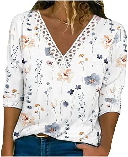 Kadın Casual Tops Zarif V Boyun Tığ İşi Dantel T Shirt Çiçek Baskı Uzun Kollu Bluz 2023 Yaz Moda Gömlek