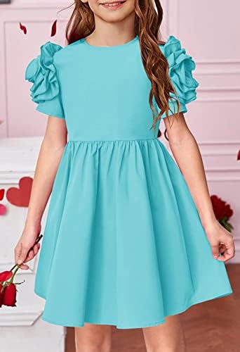 YOVİON Kızlar yaz elbisesi Zarif Puf Kısa Kollu Ekip Boyun Casual A-line Sundress 6-13Y