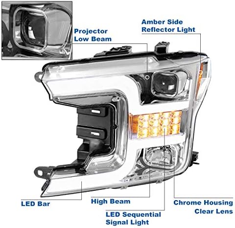ZMAUTOPARTS LED Tüp Sıralı Sinyal Projektör Farlar Krom w / 6 Mavi DRL ile Uyumlu 2018-2020 Ford F-150