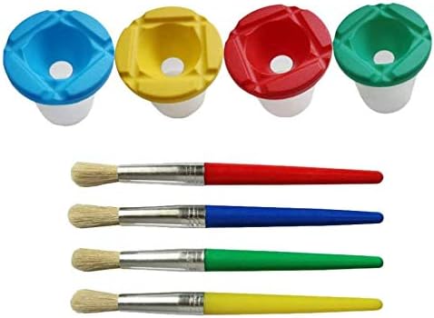 FARUTA Çeşitli Renk Renkli Kapaklı 4 adet Dökülmeyen Boya Kabı ve Çocuklar için 4 Adet Boya Fırçası (Renk: Resim 1,