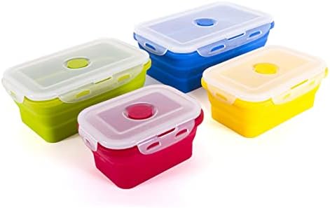 İnce Bidonlar Katlanabilir Kaplar - 4 Dikdörtgen Silikon Gıda Saklama Kabı Seti-BPA İçermez, Mikrodalga Fırın, Bulaşık
