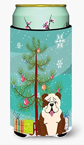 Caroline'ın Hazineleri BB4246TBC Merry Christmas Ağacı İngilizce Bulldog Brindle Beyaz Uzun Boy Hugger, Soğutucu Kol