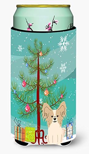 Caroline'ın Hazineleri BB4202TBC Merry Christmas Ağacı Papillon Sable Beyaz Uzun Boy Hugger, Can Soğutucu Kol Hugger