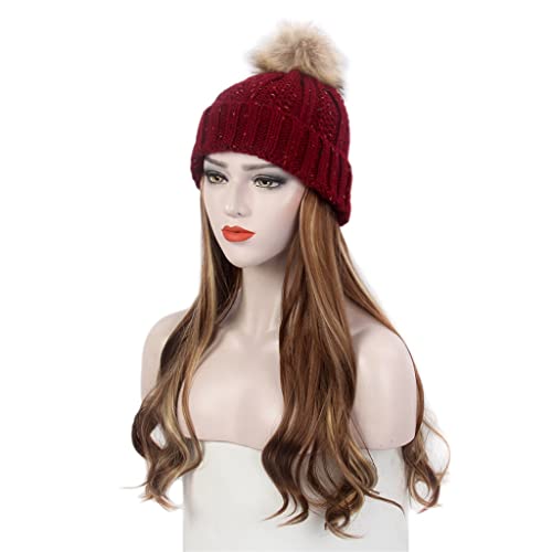 KLKKK Moda Avrupa ve Amerikan Bayanlar Saç Şapka Kırmızı Örme Şapka Peruk Uzun Kıvırcık Kahverengi Peruk ve Şapka