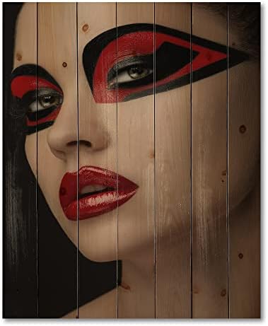 DesignQ Kırmızı Dudaklar Maske Kadınlarının Gözlerinde Siyah Makyaj Modern ve Çağdaş Ahşap Duvar Dekoru, Kırmızı Ahşap