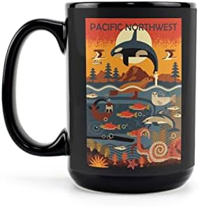 Fener Basın Pasifik Kuzeybatı, Deniz Hayvanları, Geometrik, Yaz (15oz Siyah Seramik Kahve ve Çay Bardağı, Bulaşık