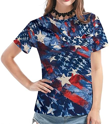Bayan Vatansever T Shirt Bağımsızlık Günü Yıldız Şerit Baskılı Yaz Rahat Yuvarlak Boyun Kısa Kollu Bluz Tee Tops