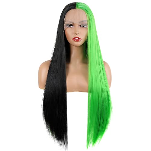 V'NICE Yarım Siyah Yarım Yeşil sırma ön peruk Kadınlar için Cadılar Bayramı Cosplay ısıya Dayanıklı Fiber Sentetik